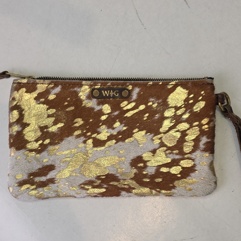 Wild Goose WG Gold and Brown Leather‎ Cowhide Hair Wristlet Clutch